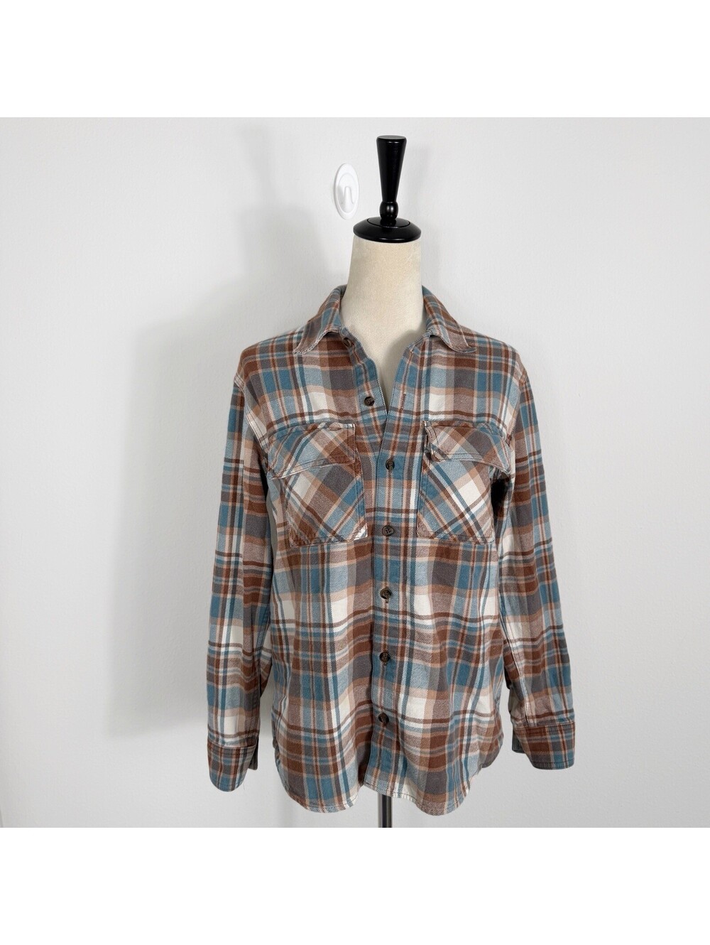 ARITZIA TNA Blue Brown Plaid Oversized Flannel Button Up Shacket Cabin Sz Small